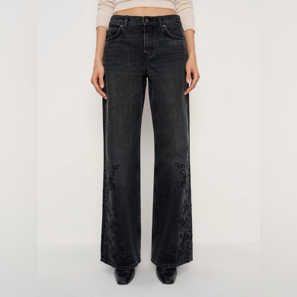 Reformation Cary Black Embroidered Low Rise Wide Leg Denim Size 23 NWT - Picture 7 of 9